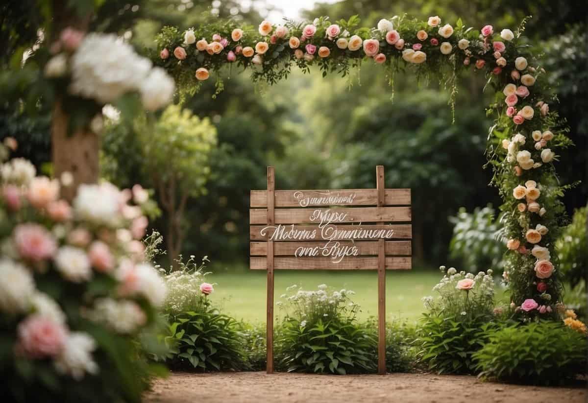 A rustic wooden sign with elegant calligraphy displays various wedding wording ideas, surrounded by lush greenery and blooming flowers