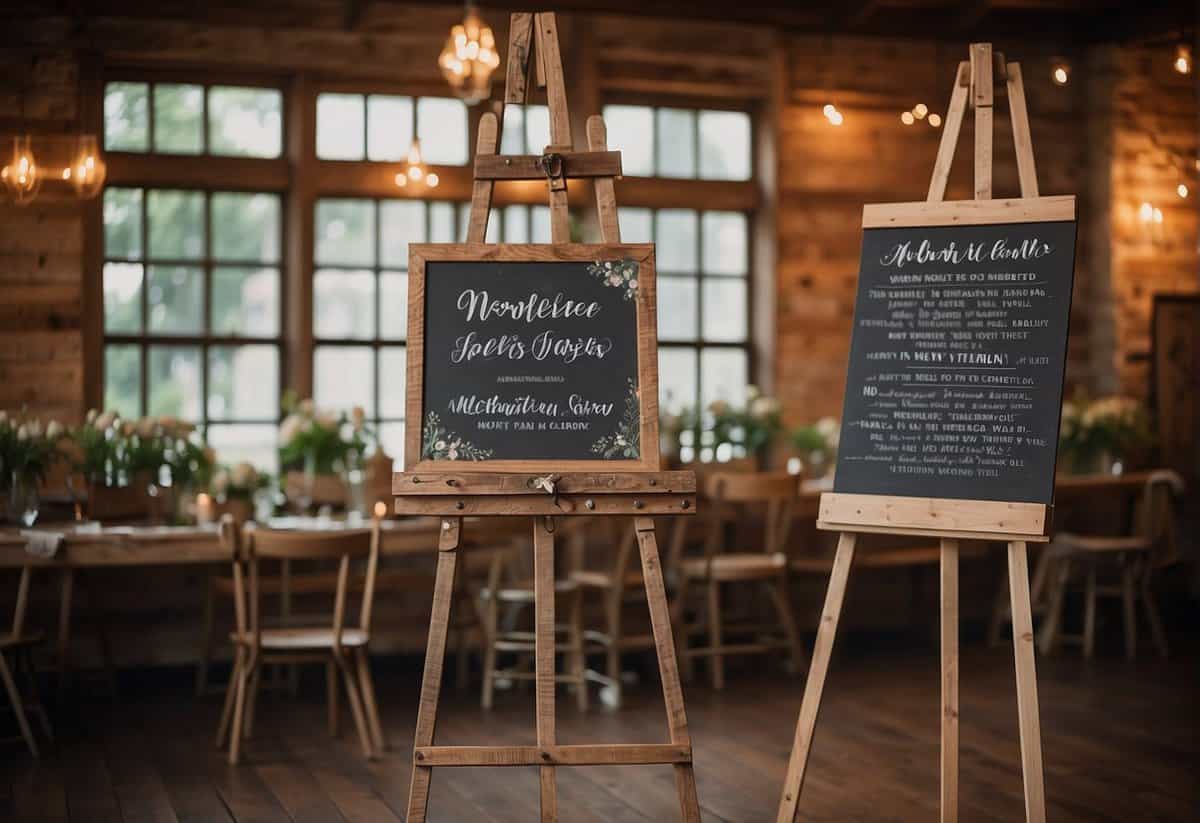 A rustic wooden sign sits on an easel, with elegant calligraphy displaying wedding sign wording ideas. Nearby, a table holds paint and brushes for the illustrator