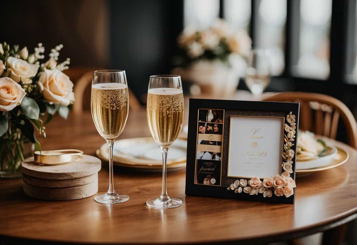 A table adorned with handmade wedding gifts: a personalized photo album, hand-painted champagne flutes, and a custom wooden sign