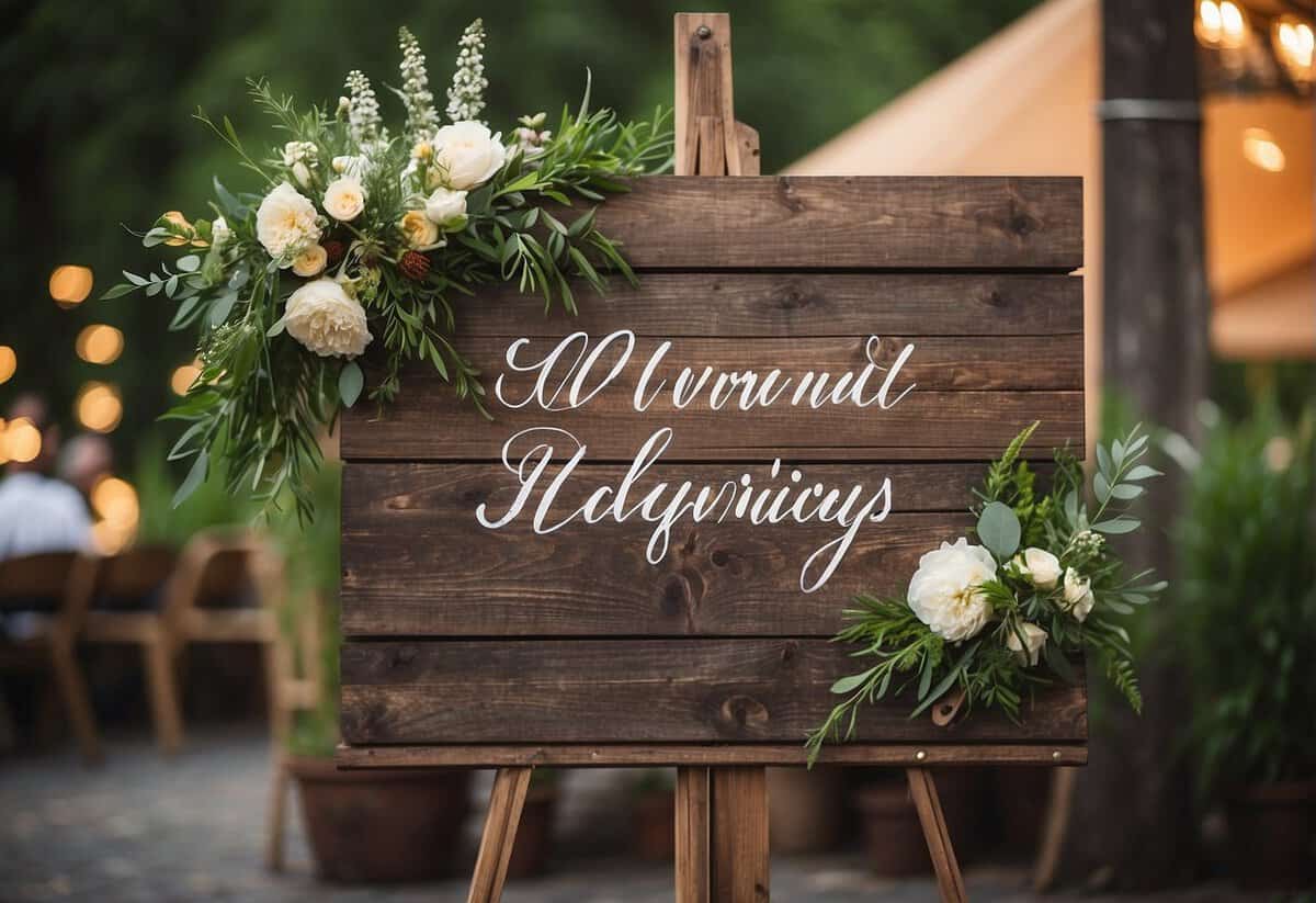A rustic wooden sign with elegant calligraphy, adorned with flowers and greenery, displayed at an outdoor wedding ceremony