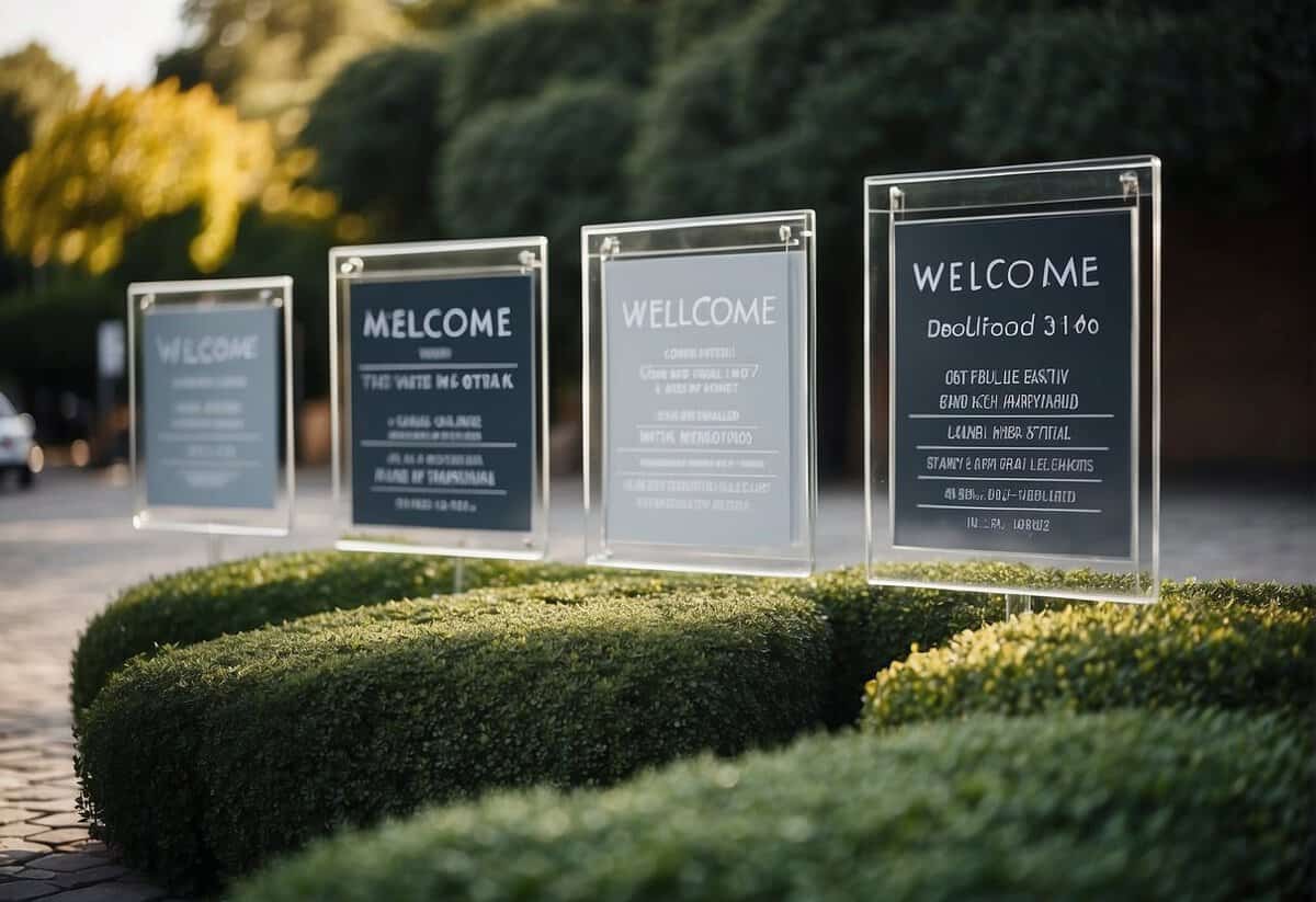 Various acrylic wedding signs displayed at different locations, including welcome signs, seating charts, and directional signs