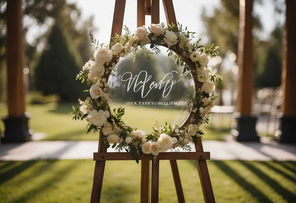 A bride and groom's names written in elegant calligraphy on a clear acrylic wedding sign, adorned with delicate floral accents and placed on a wooden easel