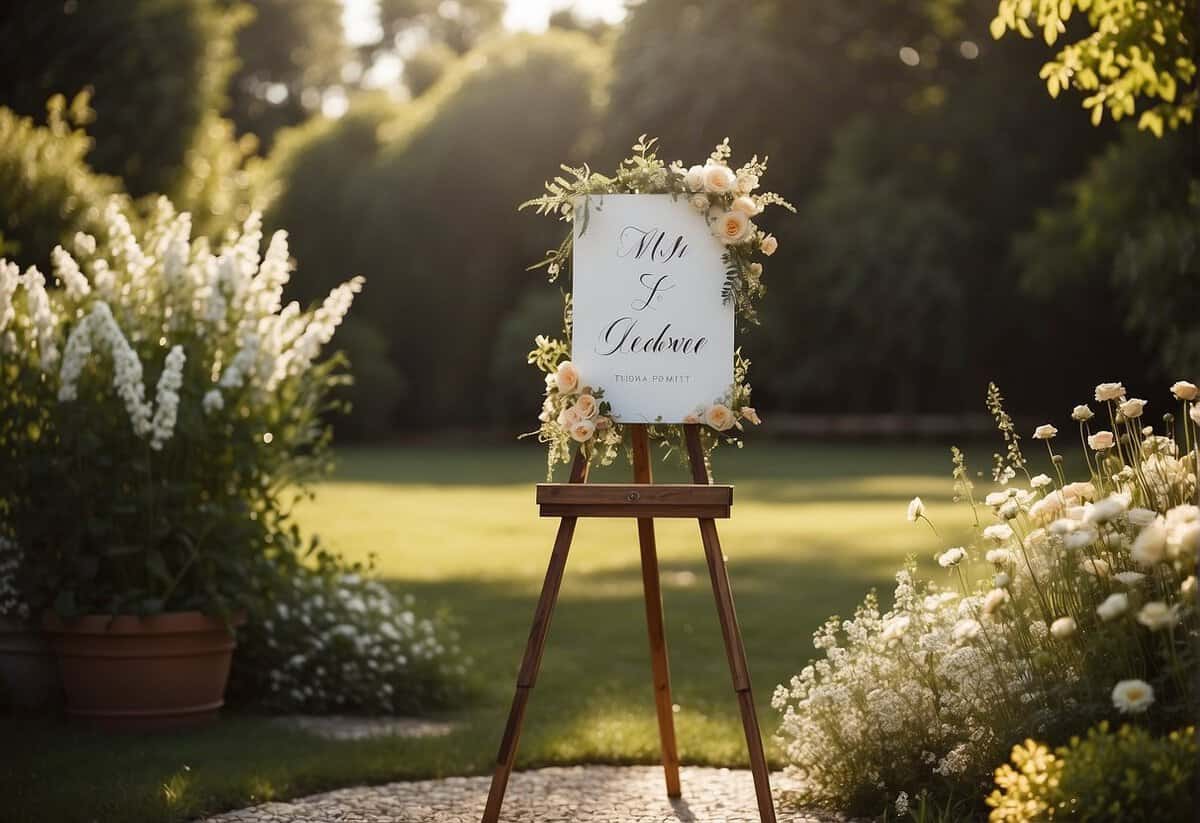 A wedding sign with acrylic lettering and delicate floral details, placed on a wooden easel in a sunlit garden setting