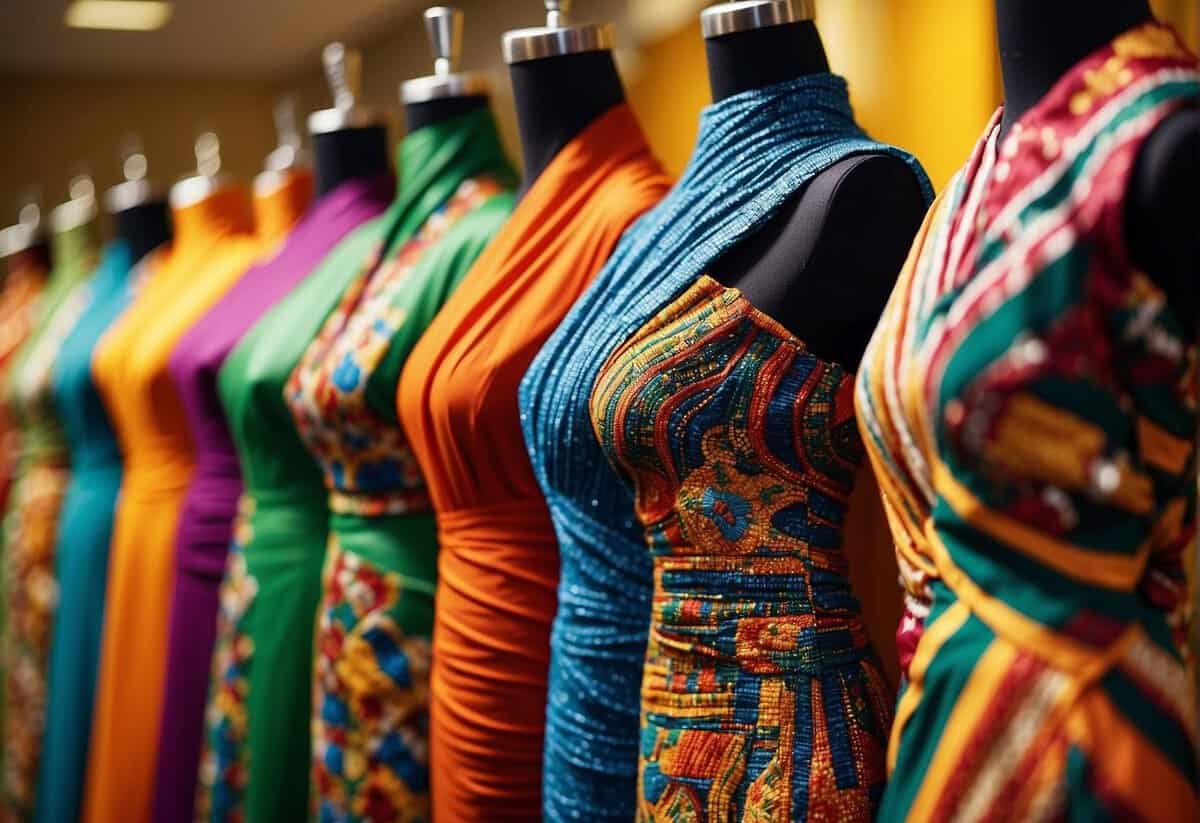 Colorful African fabrics draped on mannequins, showcasing traditional wedding guest attire. Bold prints, vibrant colors, and intricate beadwork create a lively and festive atmosphere