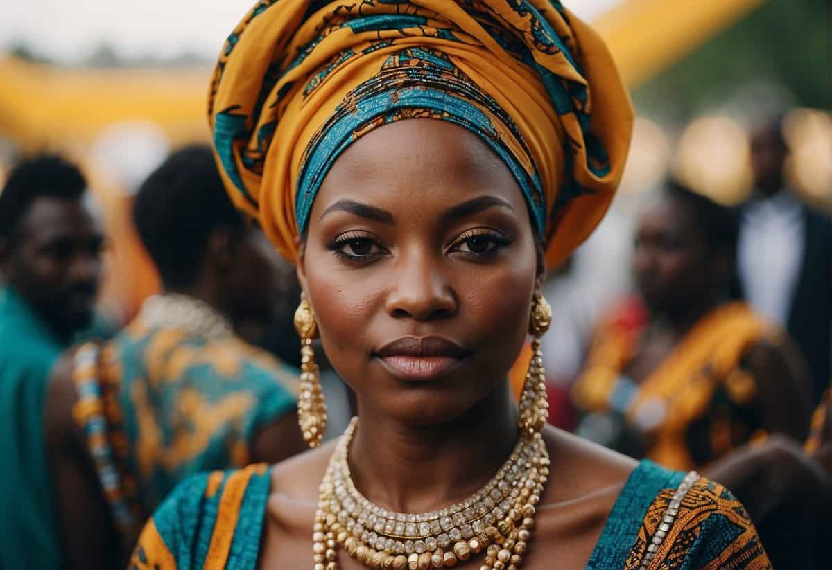 A vibrant African wedding guest outfit with colorful headwraps, beaded jewelry, and patterned fabrics