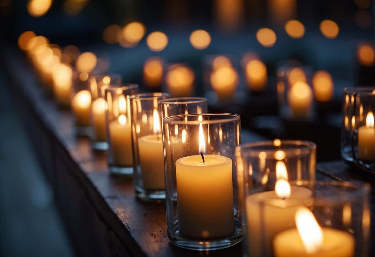 Candles lining the wedding aisle, flickering in glass holders, casting a warm, romantic glow