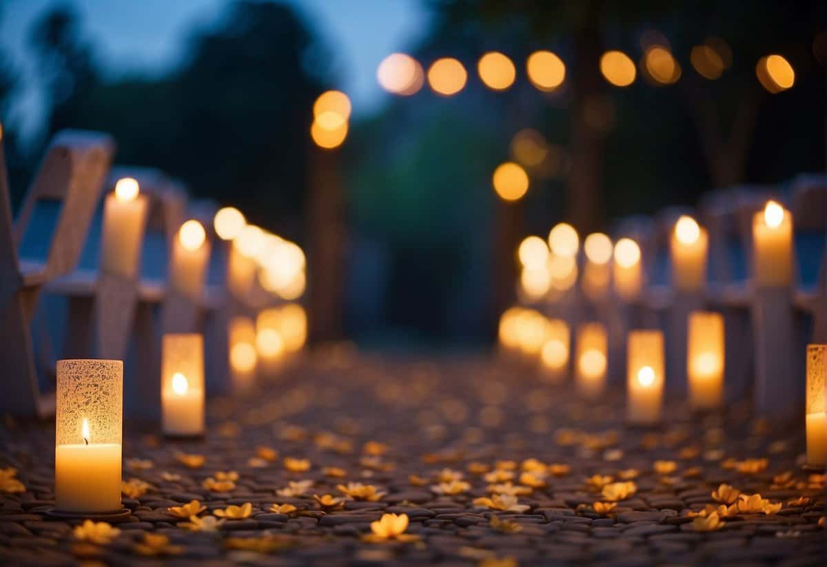 Aisle lined with flickering candles, casting a warm glow on the path. Petals scattered on the ground, leading to a floral arch at the end