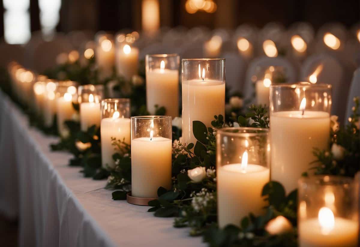 Candles of varying heights and styles line the wedding aisle, casting a warm and romantic glow. Each candle is adorned with delicate floral accents, adding a touch of elegance to the scene