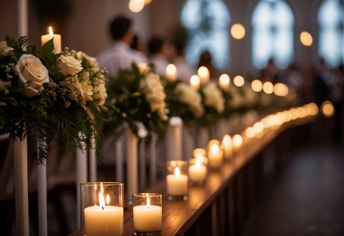 A wedding aisle lined with flickering candles in elegant holders, creating a warm and romantic atmosphere for the ceremony