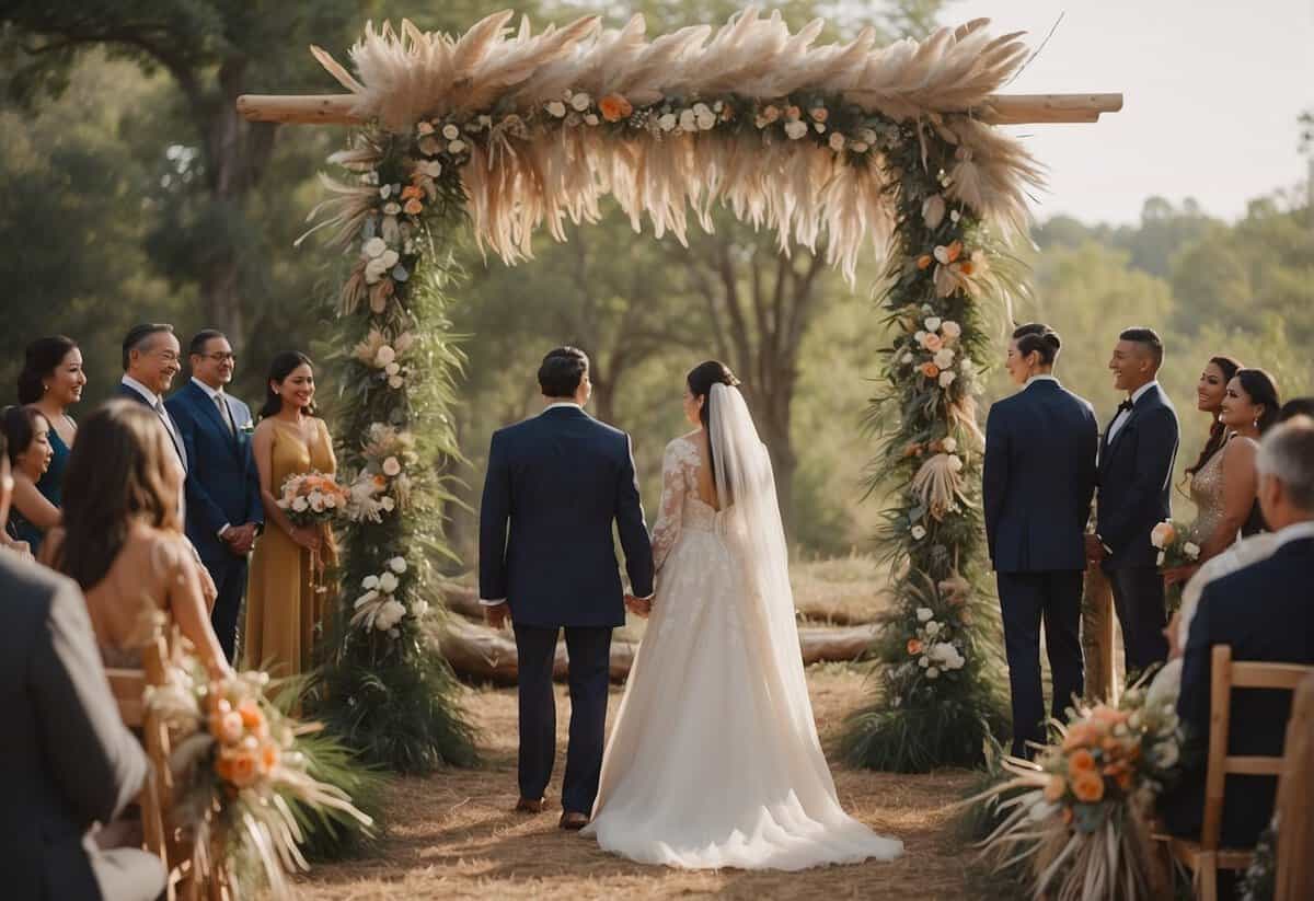 A traditional Native American wedding ceremony with a couple standing under a beautiful arbor adorned with feathers and flowers, surrounded by family and friends in traditional attire