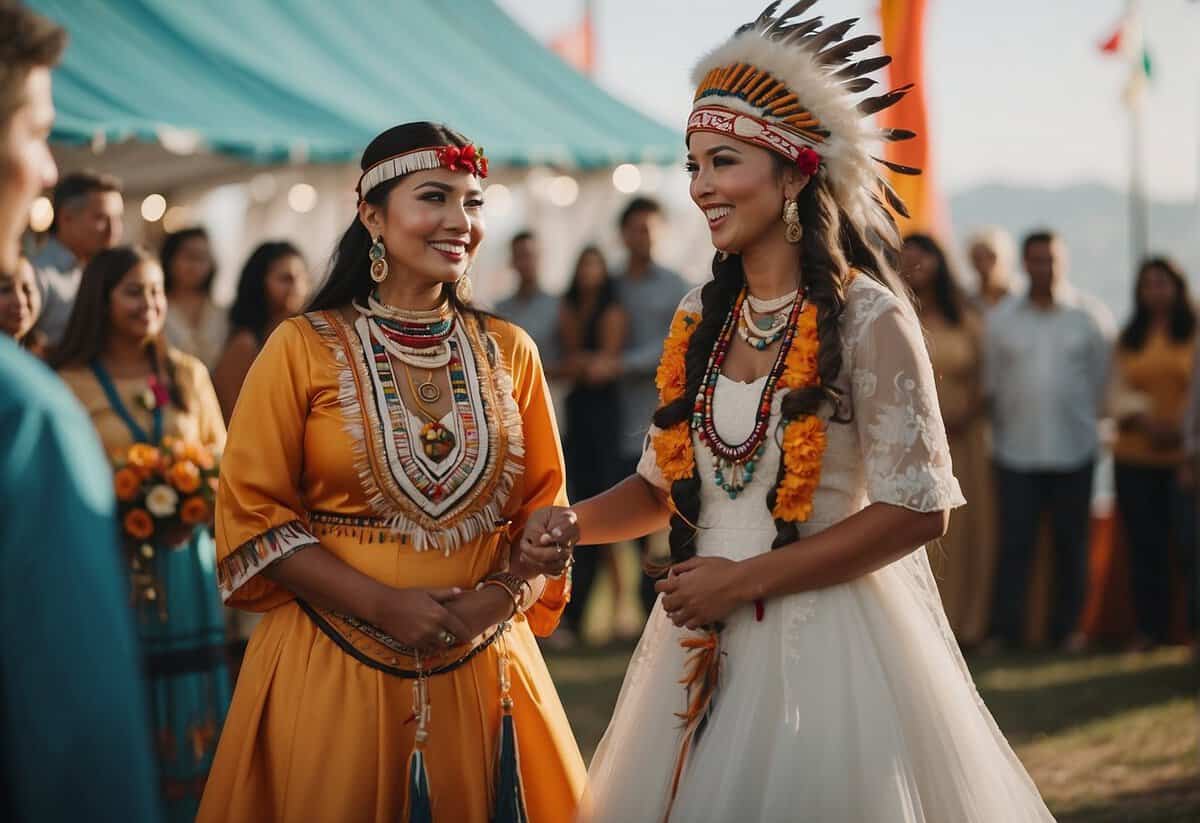 A vibrant wedding ceremony with traditional Native American decorations and dances, surrounded by a joyful community celebration