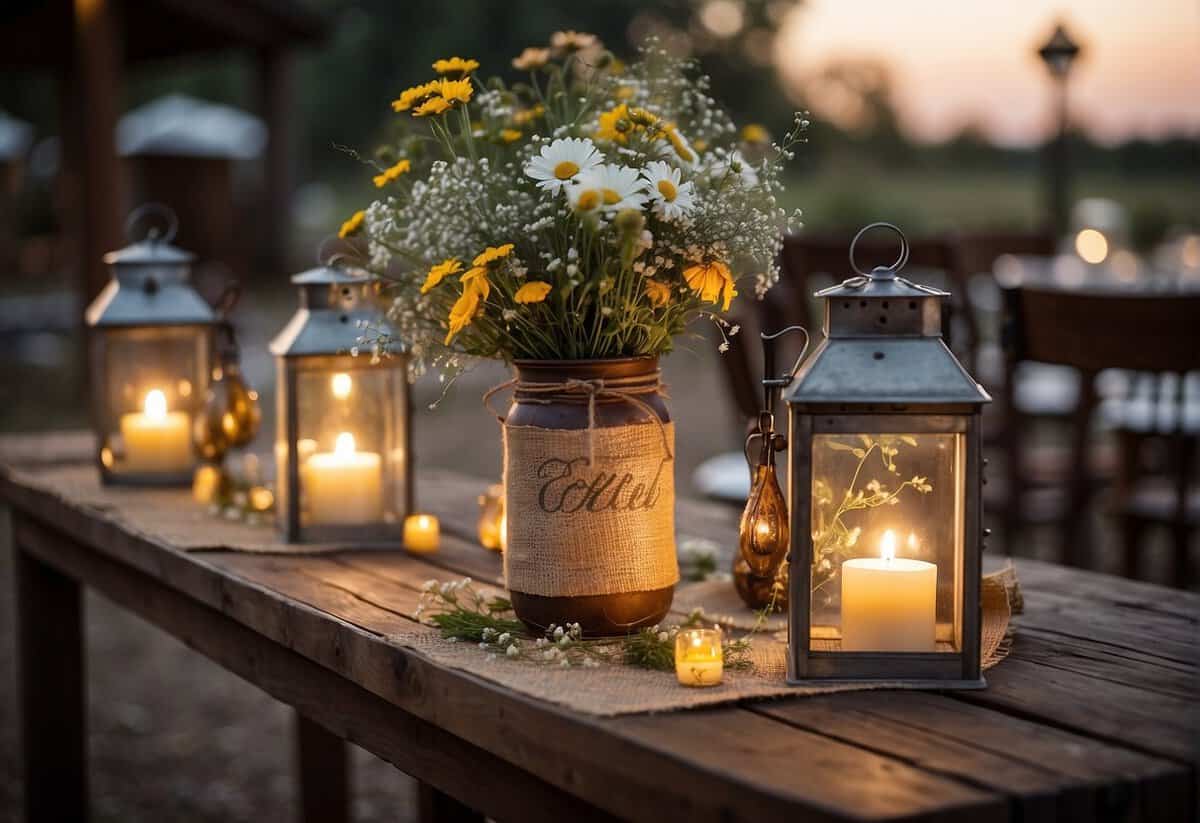 A rustic wooden table adorned with wildflowers and cowboy boots, surrounded by lanterns and horseshoes. A burlap table runner and mason jar vases complete the western wedding centerpiece