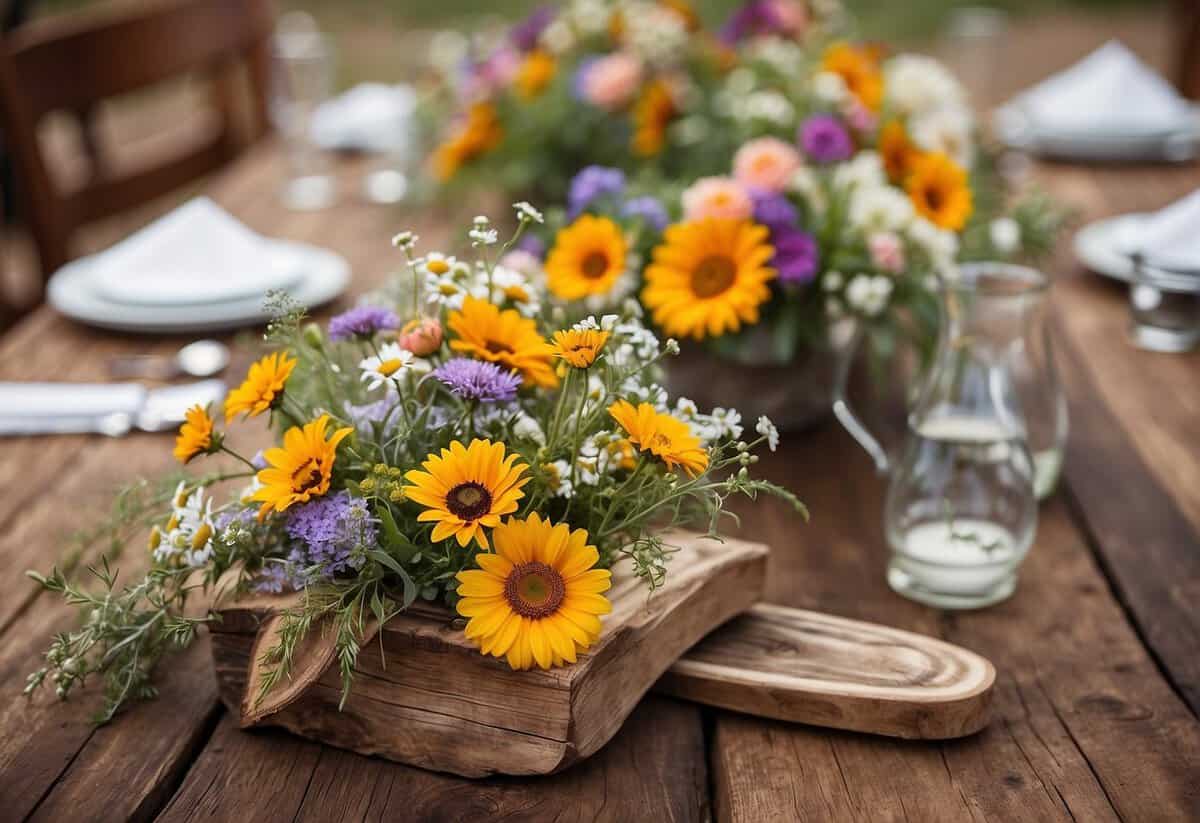 A rustic wooden table adorned with cowboy boots, horseshoes, and wildflowers as centerpieces for a western-themed wedding