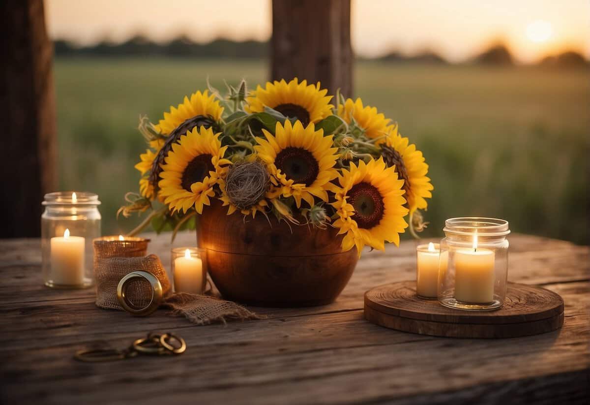 A rustic wooden table adorned with sunflowers, cowboy boots, and horseshoes, surrounded by flickering candles and burlap accents