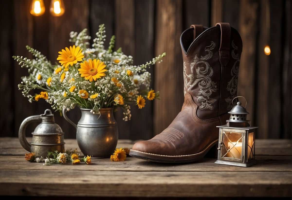 A rustic wooden table adorned with wildflowers and cowboy boots, surrounded by vintage lanterns and horseshoe accents