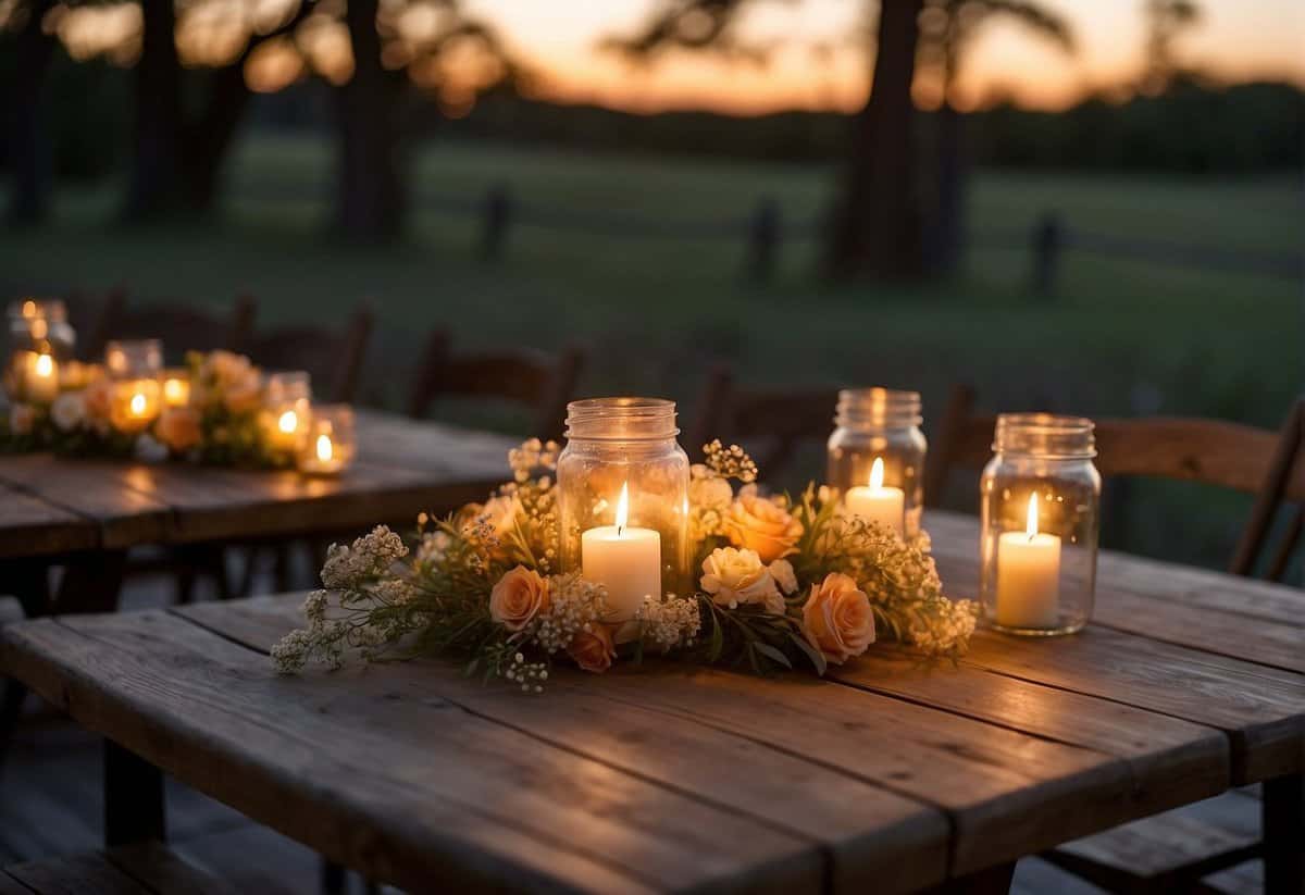 Soft candlelight illuminates rustic wooden tables adorned with wildflowers and cowboy boots, creating a warm and romantic ambiance for a western wedding