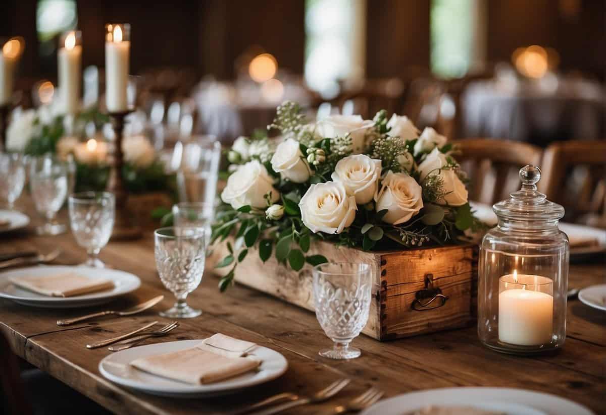 A rustic wooden table adorned with personalized wedding favors and unique centerpieces, adding a personal touch to the western-themed celebration