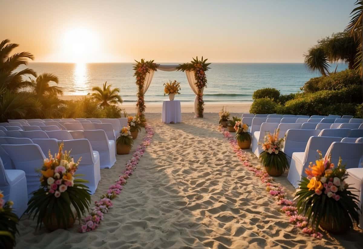 A beach ceremony with colorful flowers and draped fabric, surrounded by palm trees and the ocean, with a sunset in the background