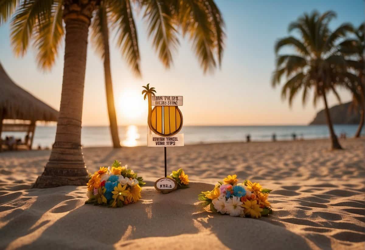 A sunny beach with a picturesque sunset, palm trees, and a small wedding setup with colorful decorations and a sign reading "Timing and Travel Tips destination wedding ideas cheap."
