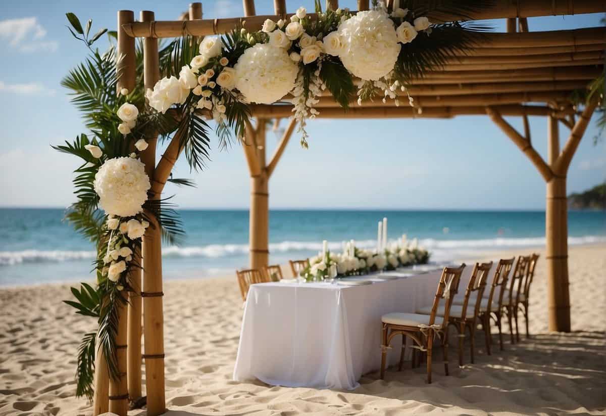 A beach setting with a simple bamboo arch adorned with white flowers. A table with tropical centerpieces and tealights. A sign with the couple's names and the date