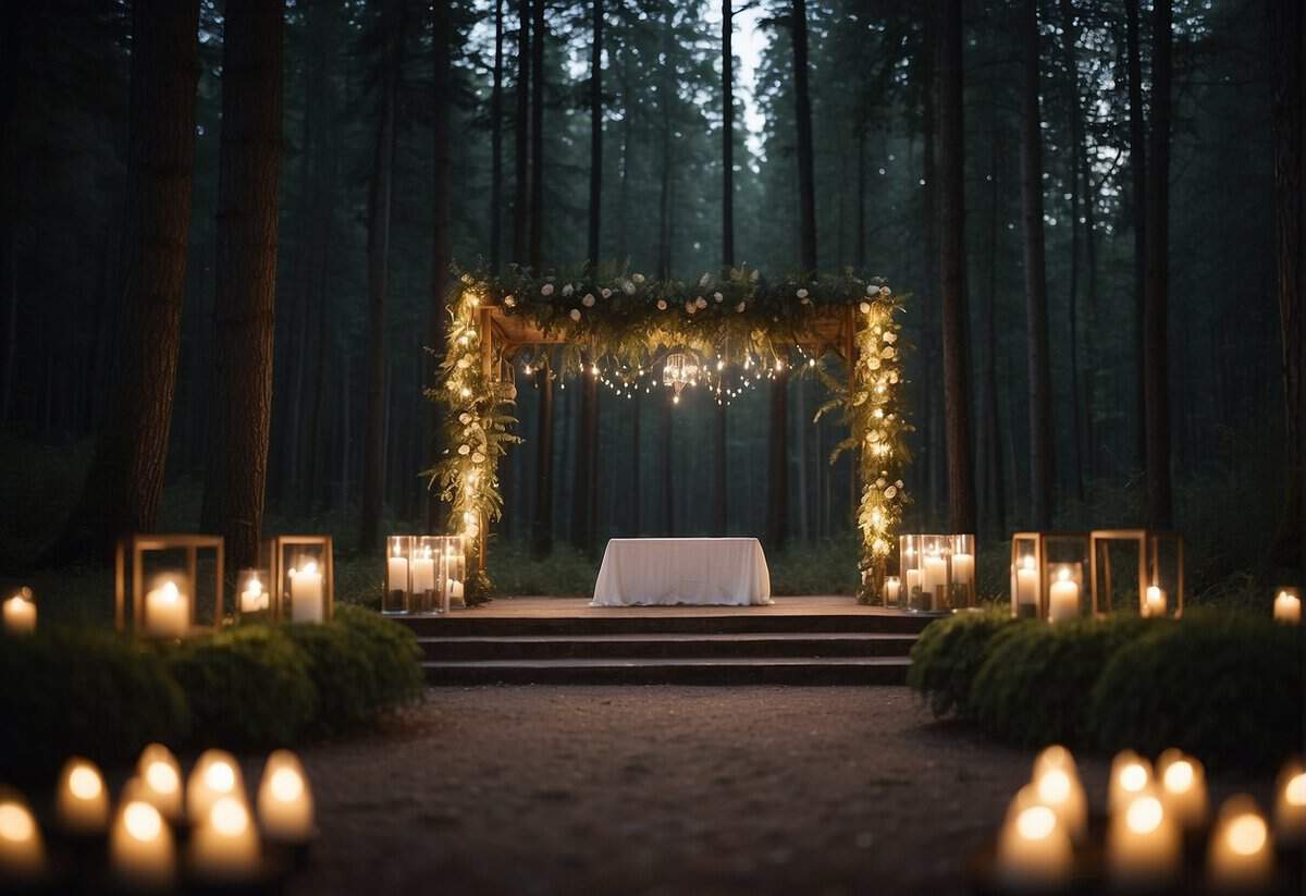 A cozy, intimate ceremony in a secluded forest clearing. Soft, twinkling lights and a simple altar create a serene atmosphere
