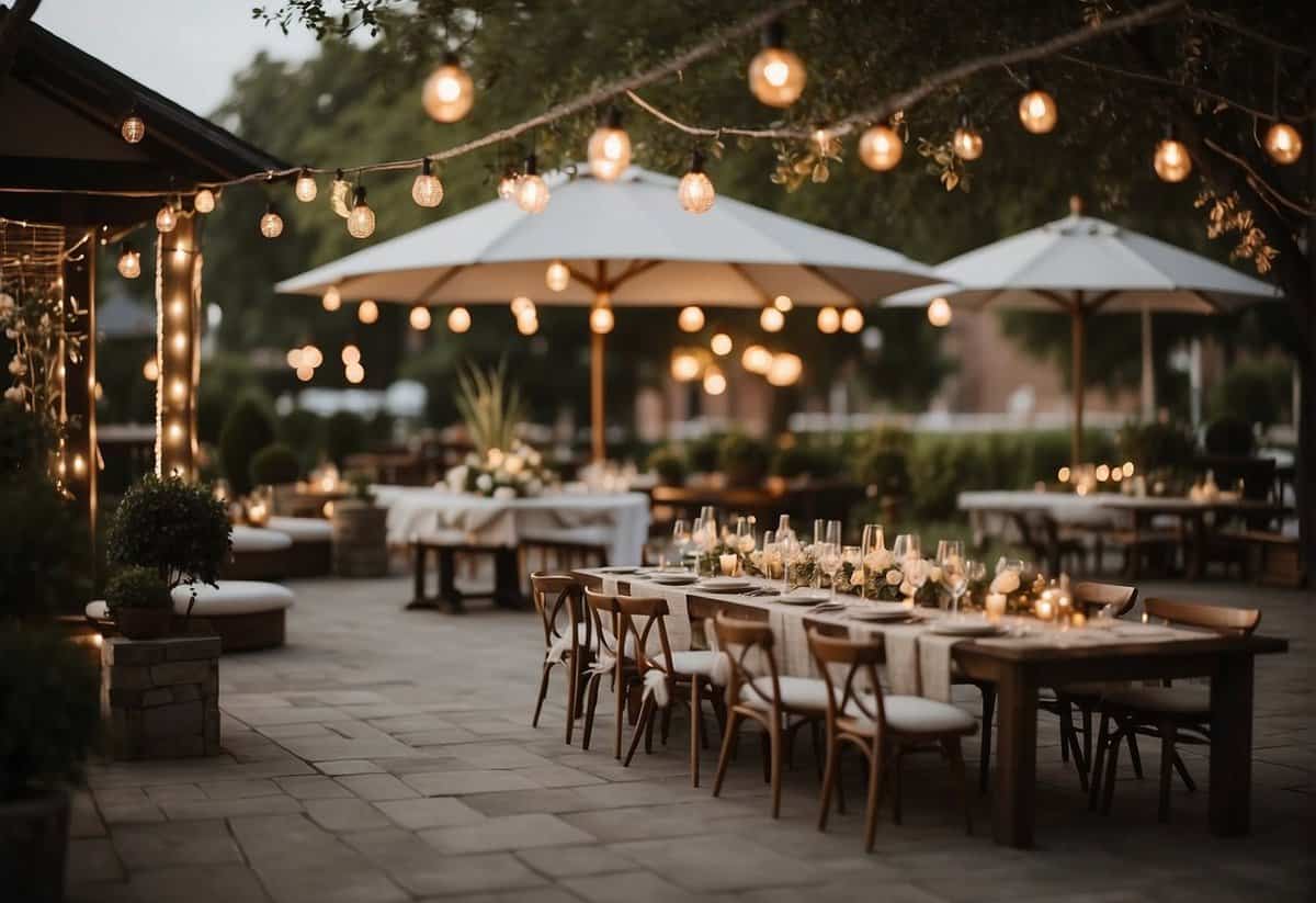 A serene outdoor setting with a small, intimate gathering. Soft, ambient lighting and cozy seating areas. Personalized details like handcrafted decor and a custom ceremony backdrop