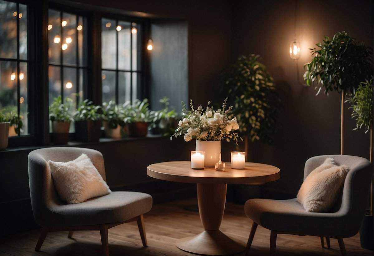 A cozy corner with two reserved chairs, soft lighting, and a small table adorned with simple, elegant decor