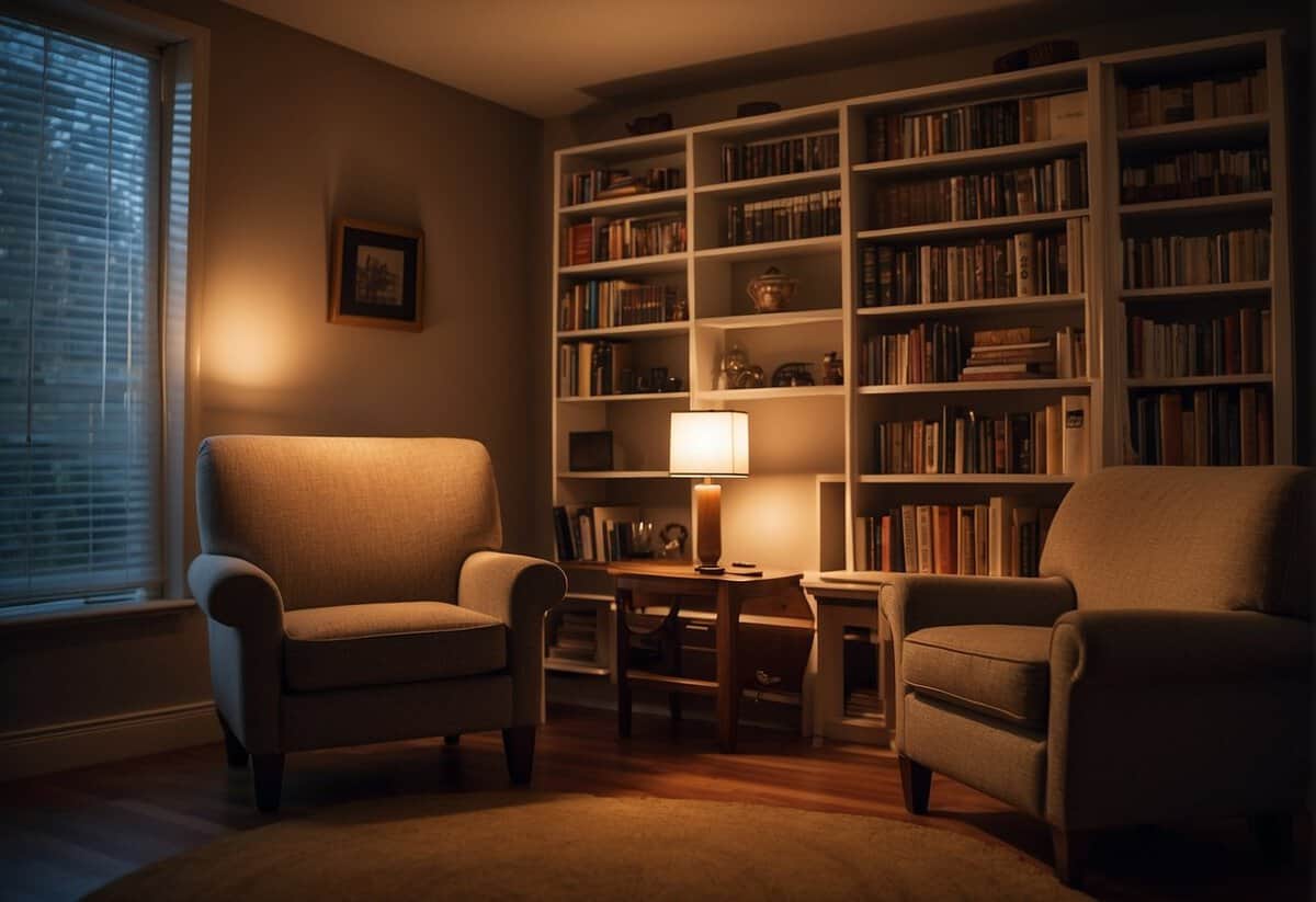 A cozy, dimly lit room with a bookshelf and two comfortable chairs facing each other. A soft glow from a nearby lamp creates a warm and intimate atmosphere for quiet reflection