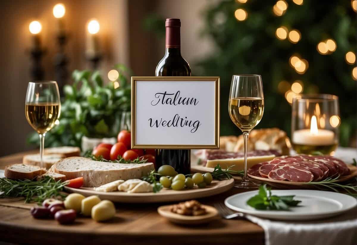A table set with Italian-themed decor, wine bottles, and charcuterie. A backdrop of greenery and twinkling lights. A sign reading "Italian Wedding Shower" in elegant calligraphy