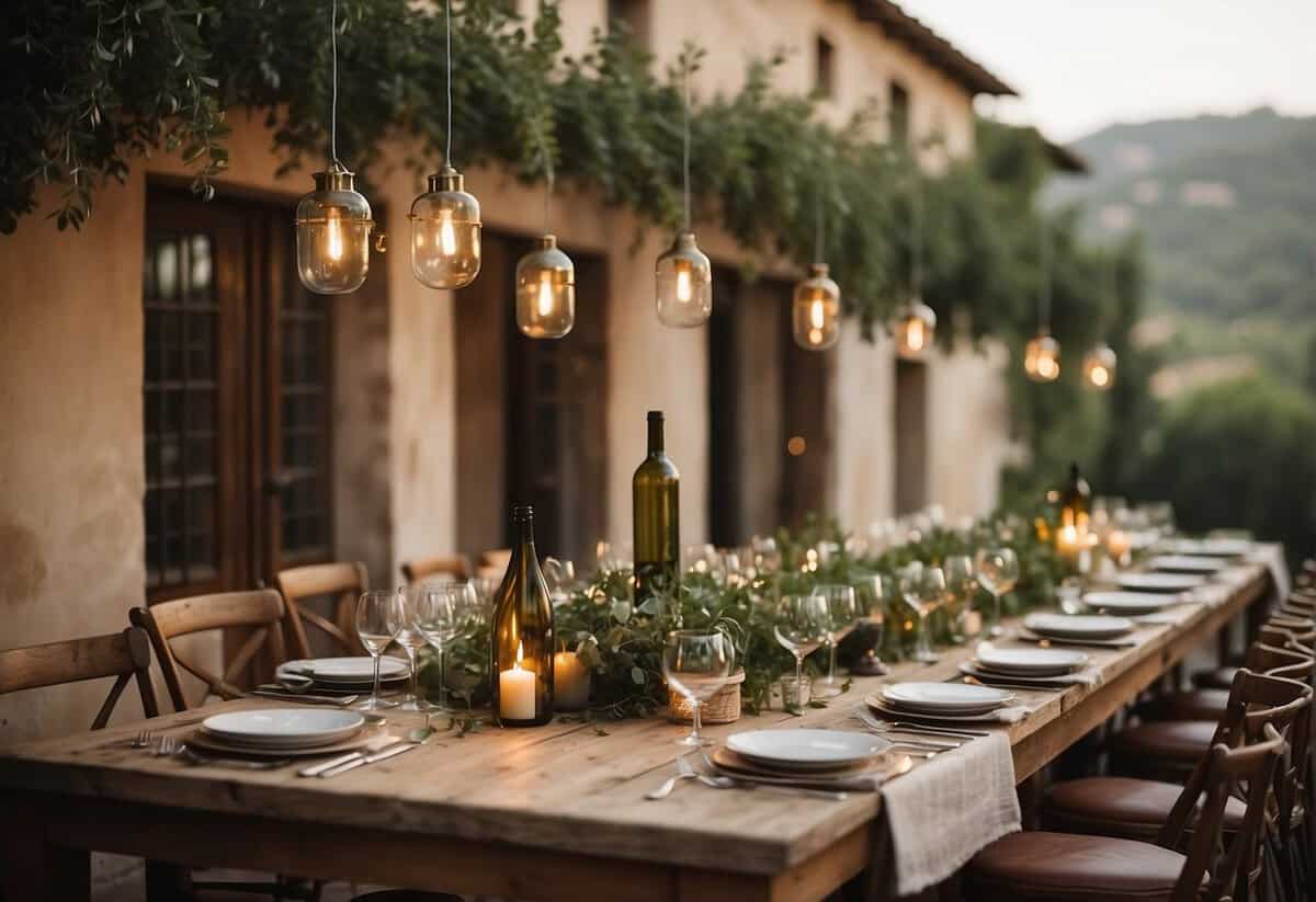 A rustic Italian villa with vineyard views, adorned with bistro lights and floral garlands. Tables set with olive branch centerpieces and vintage wine bottles