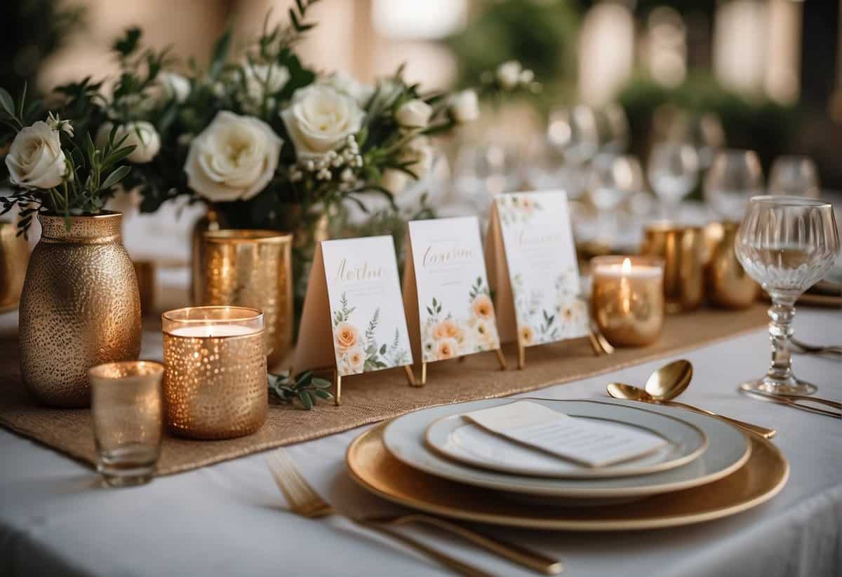 A table adorned with elegant invitations, floral stationery, and traditional Italian wedding shower decor