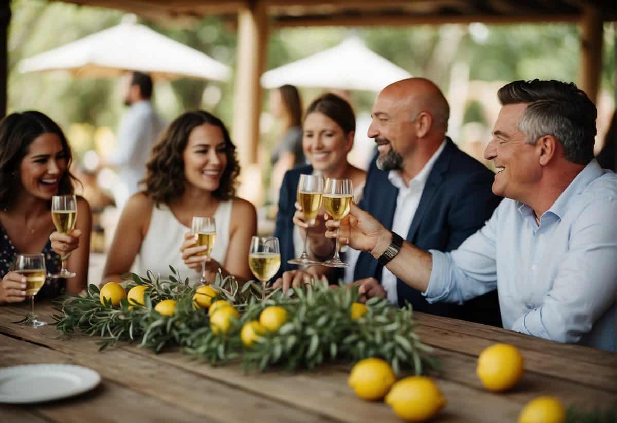 Guests laughing, playing bocce, and sipping wine at a rustic Italian wedding shower.Tables adorned with olive branches and lemons