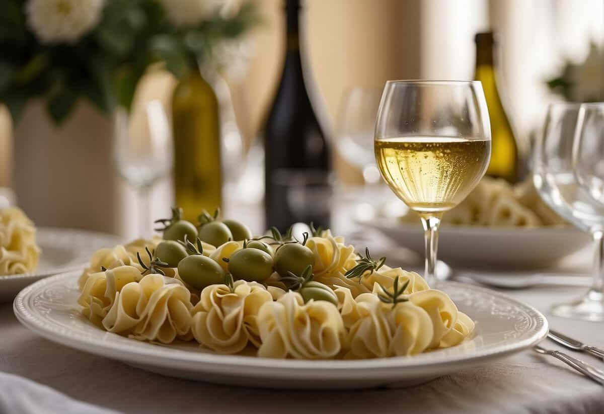 A table adorned with Italian-themed wedding shower favors and gifts, including small bottles of olive oil, jars of homemade pasta sauce, and elegant wine stoppers