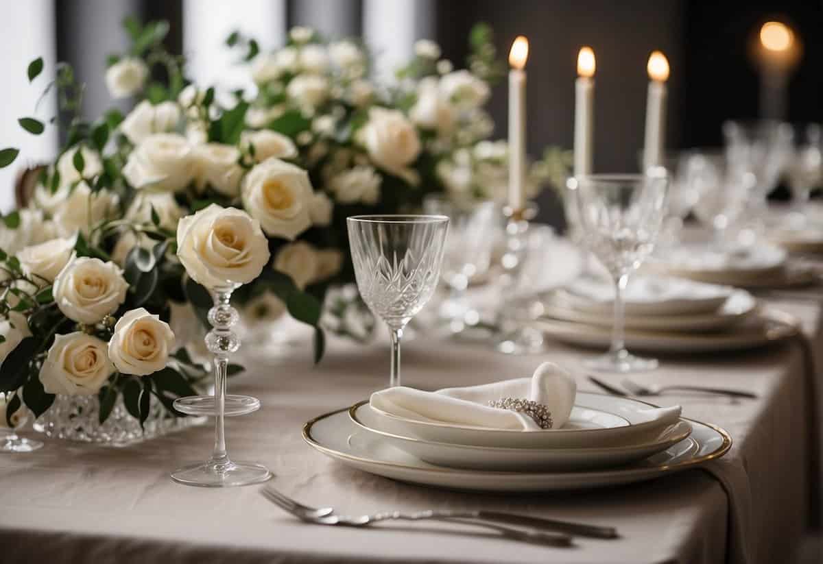 A beautifully set dining table with elegant dinnerware, crystal glassware, and luxurious linens. A centerpiece of fresh flowers adds a touch of romance to the scene