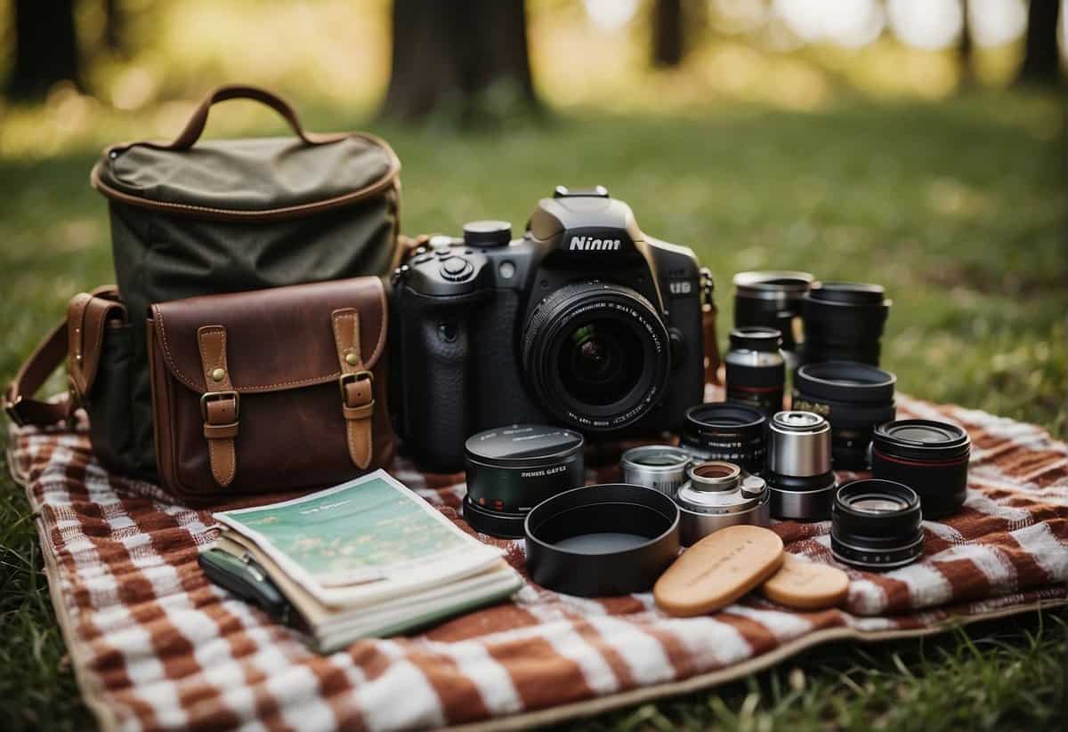 A couple's wedding registry items laid out on a picnic blanket surrounded by travel essentials like a backpack, map, and camera