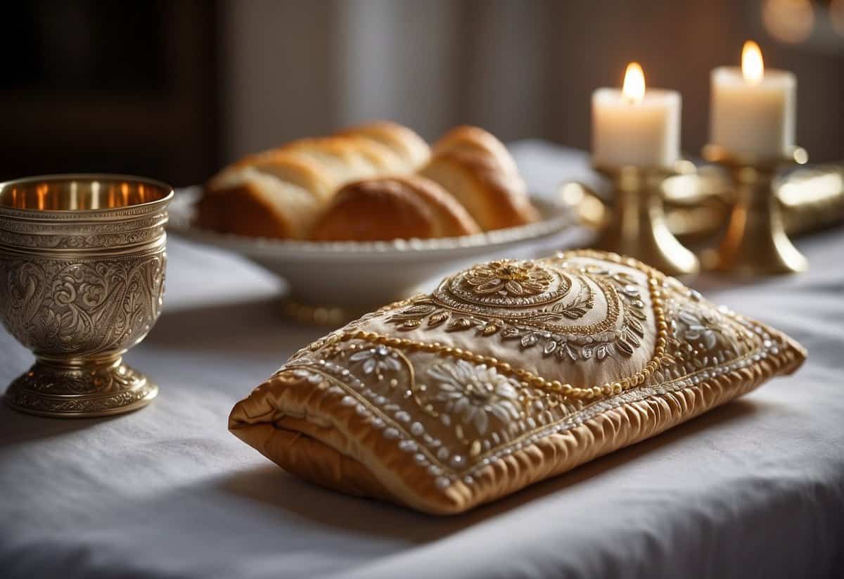 A table adorned with traditional Jewish wedding gifts: candlesticks, challah cover, kiddush cup, and a beautifully embroidered tallit