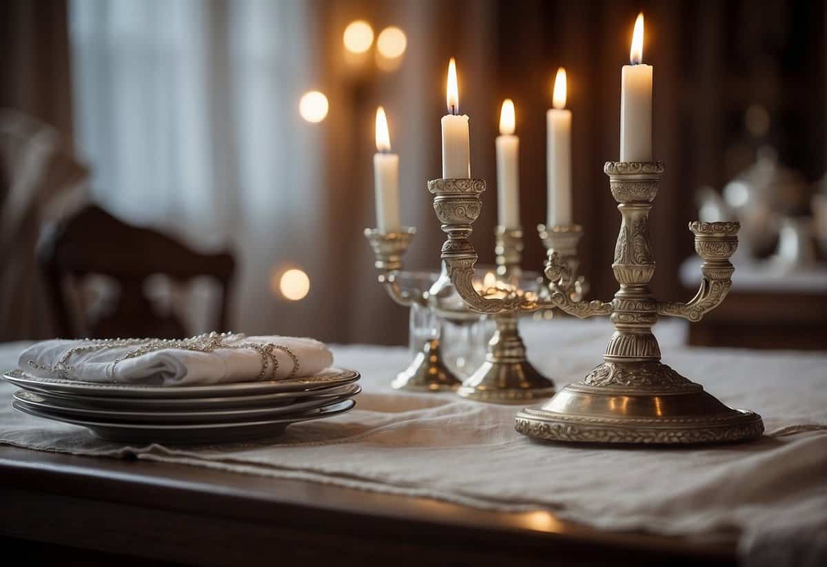 A table adorned with silver candlesticks, challah covers, and Kiddush cups. A beautifully embroidered tallit and a handcrafted mezuzah adorn the walls
