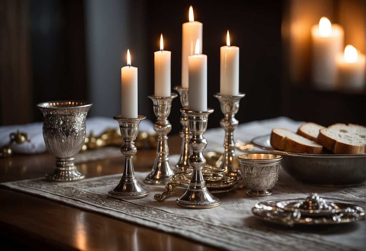 A table adorned with silver candlesticks, challah cover, and a kiddush cup. A tallit and a pair of elegant candle holders sit nearby