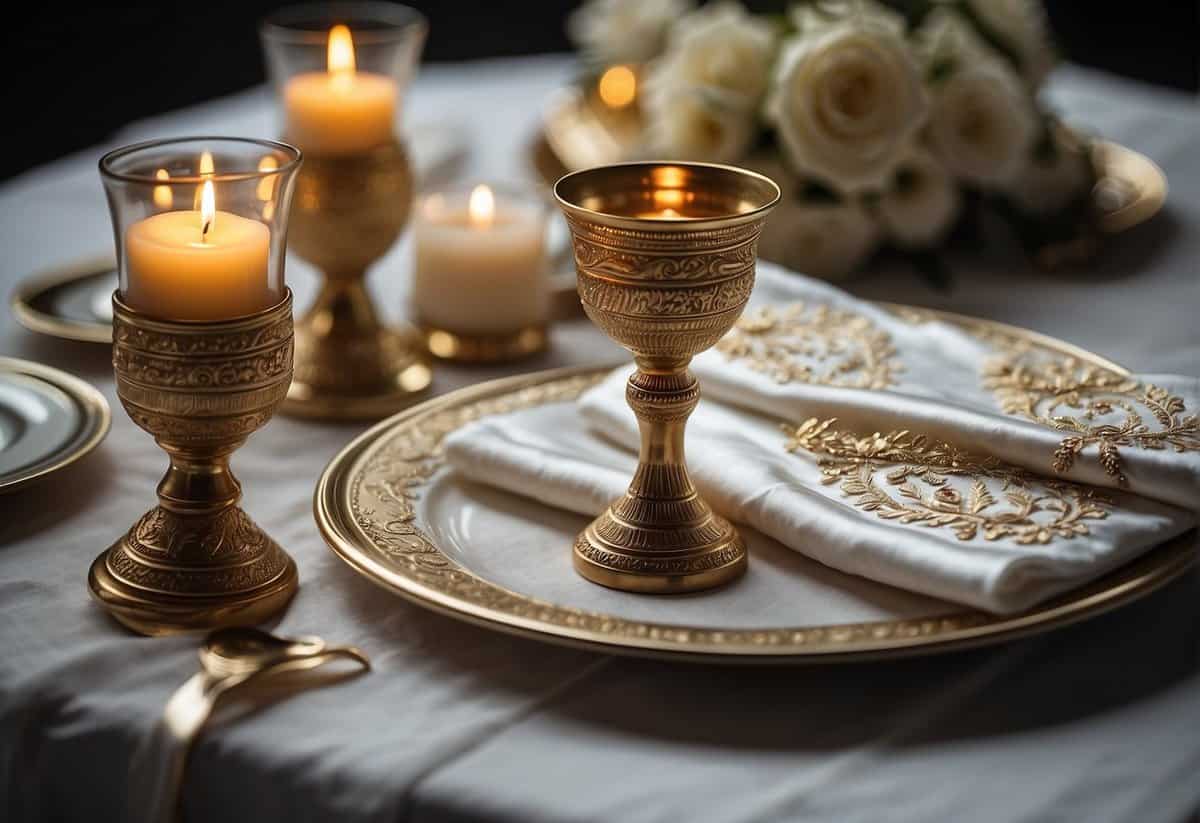 A table adorned with traditional Jewish wedding gifts: a beautifully embroidered tallit, a pair of elegant candlesticks, and a decorative kiddush cup