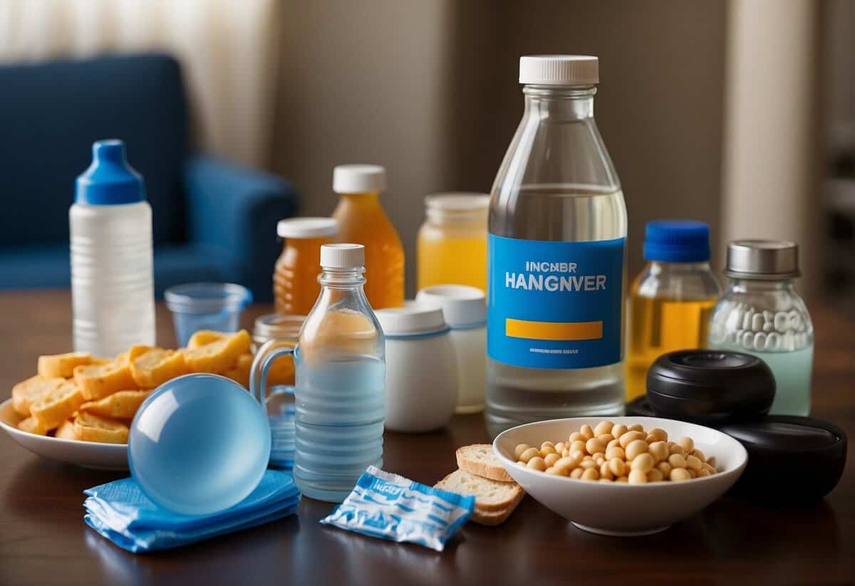 A table with a variety of hangover kit items: water bottles, pain relievers, eye masks, and snacks. A small note with "Hangover Kit" is displayed