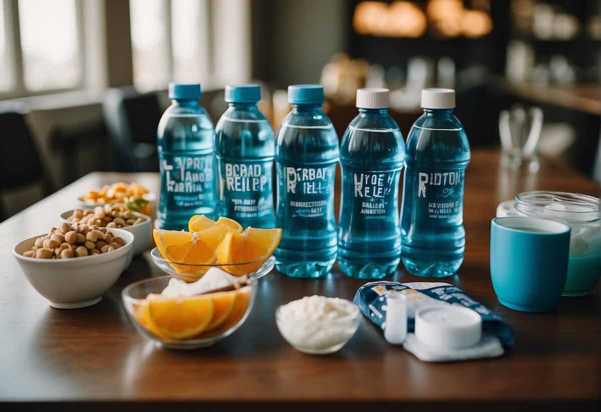 A table with water bottles, electrolyte drinks, pain relievers, and snacks. A sign reads "Hydration and Relief Hangover Kit Ideas for Wedding."