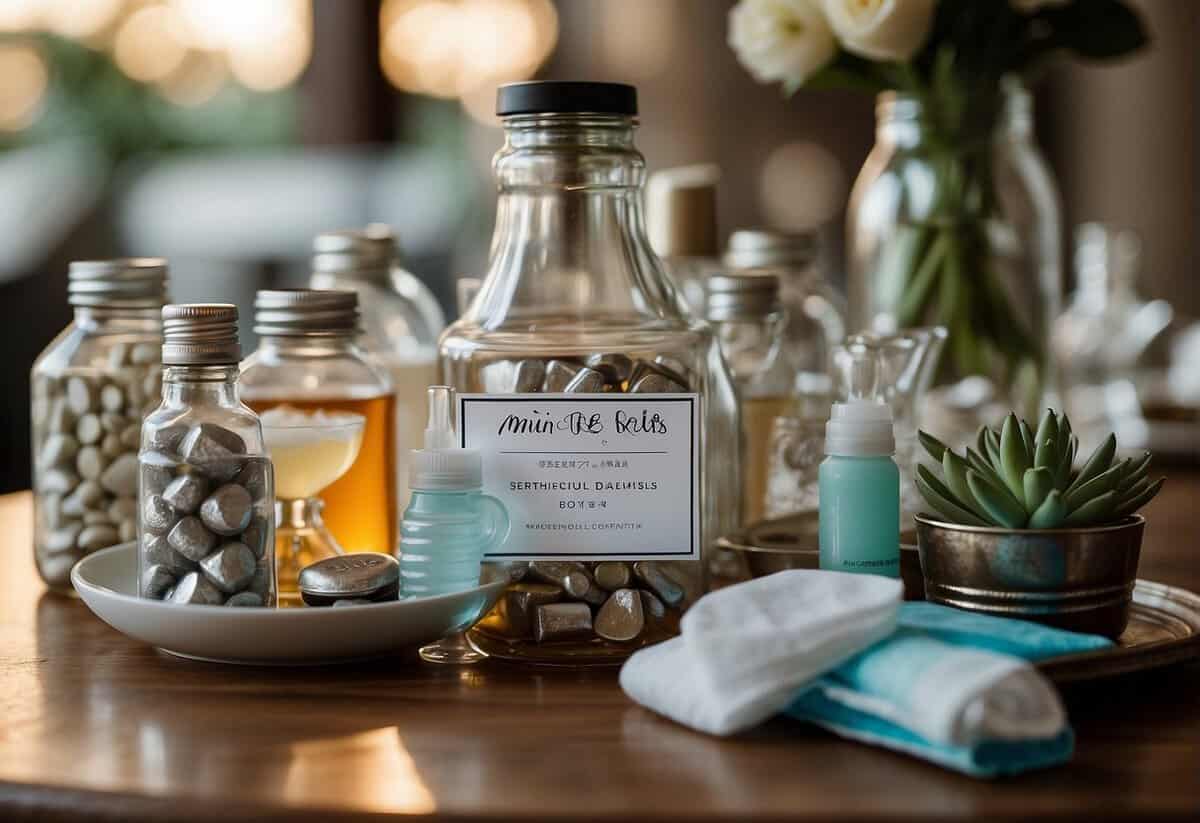 A table displays personalized hangover kits with wedding branding: mini water bottles, pain relievers, mints, and eye masks