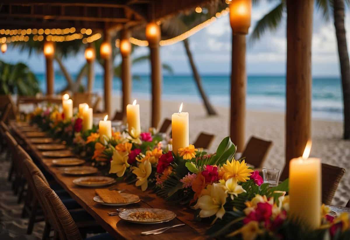 Colorful tropical flowers, tiki torches, and a beachside setting with a bamboo archway and a traditional Hawaiian feast spread out on tables
