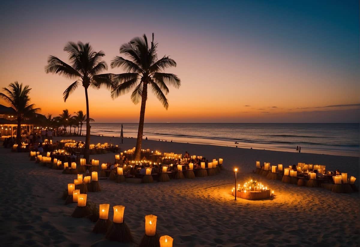 The sun sets over a sandy beach, palm trees sway in the breeze. Tiki torches light the way to a beautifully decorated luau wedding venue