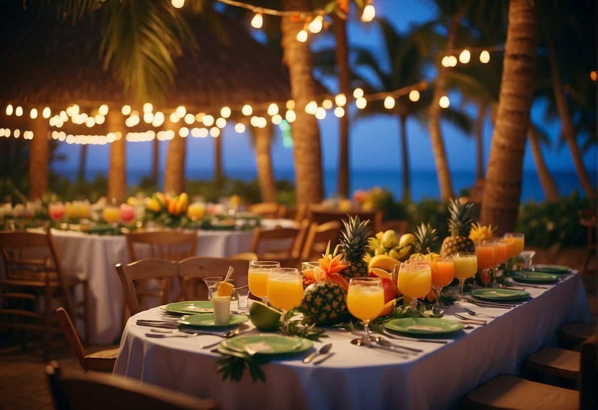A vibrant luau banquet with tropical fruits, colorful leis, and refreshing drinks set against a backdrop of palm trees and tiki torches