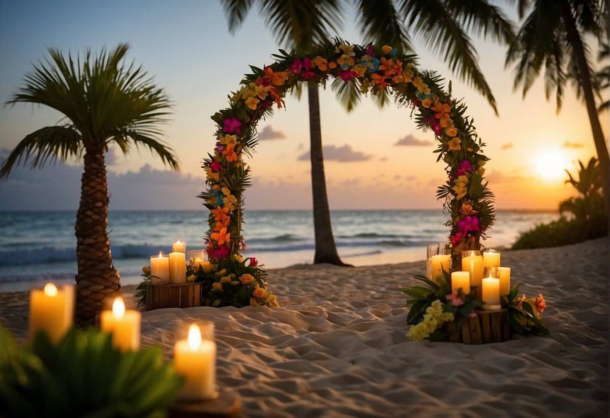 A tropical beach setting with palm trees, tiki torches, and colorful leis. A bamboo arch adorned with tropical flowers and greenery, with a backdrop of the ocean and a sunset
