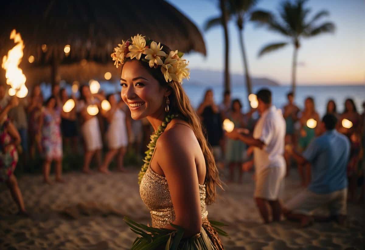 A beachfront luau wedding with tiki torches, tropical flowers, and a traditional Polynesian feast. Guests enjoy hula dancing, live music, and fire dancing performances