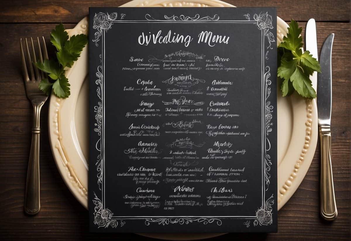 A decorative chalkboard with elegant calligraphy displaying various wedding menu title ideas
