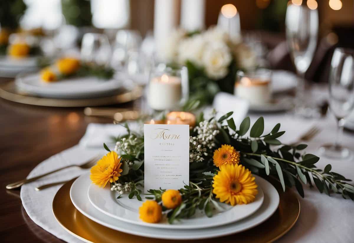 A beautifully designed wedding menu is placed on a table, surrounded by elegant place settings and floral centerpieces