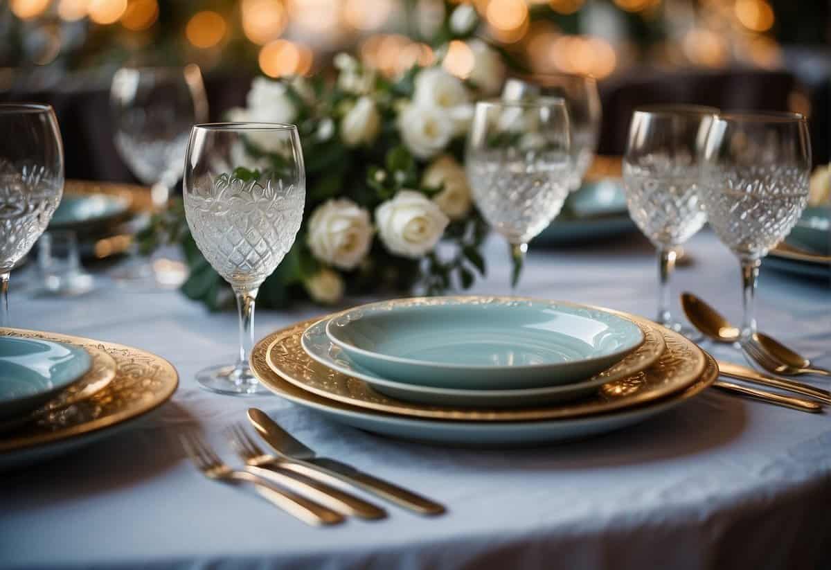 A table set with elegant dinnerware and decorative plates in a variety of designs, colors, and patterns for wedding reception inspiration